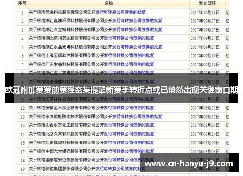 欧冠附加赛赛前赛程密集提醒新赛季转折点或已悄然出现关键窗口期