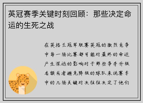 英冠赛季关键时刻回顾:那些决定命运的生死之战 英冠赛季关键时刻回顾:那些决定命运的生死之战