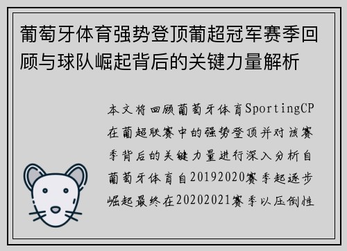 葡萄牙体育强势登顶葡超冠军赛季回顾与球队崛起背后的关键力量解析 葡萄牙体育强势登顶葡超冠军赛季回顾与球队崛起背后的关键力量解析